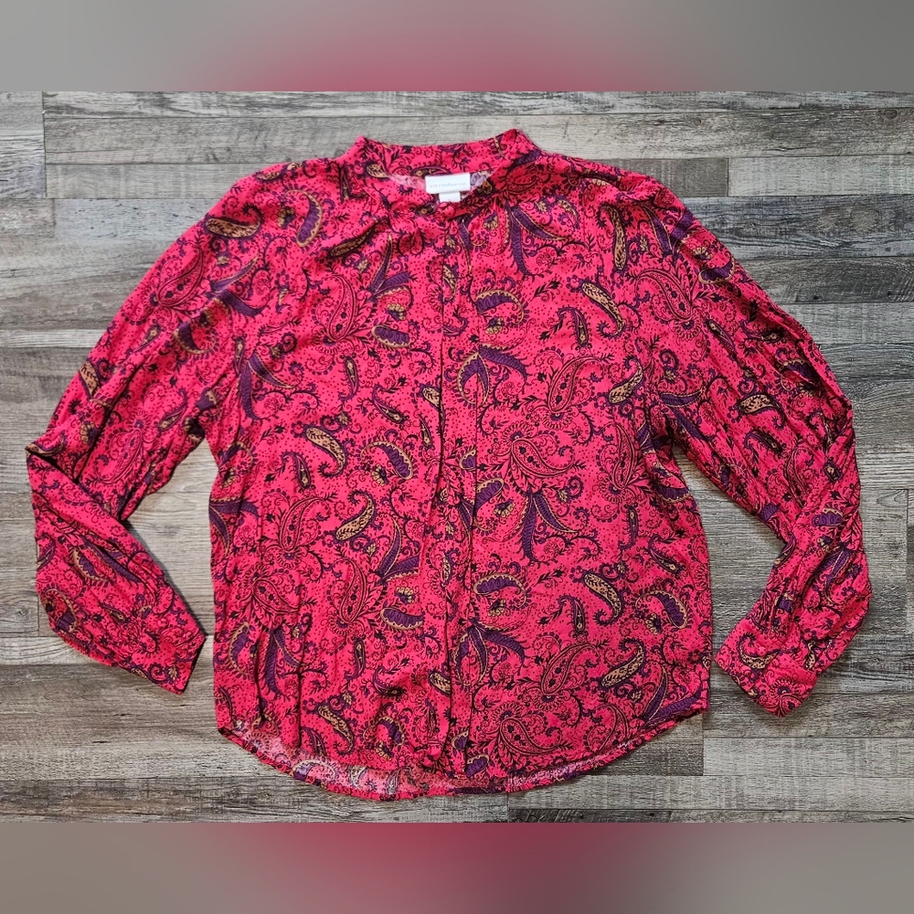 🩷💚Liz‎ Claiborne Womans Key Hole Neckline Top Size L Reddish/Pink Multi🩵💜